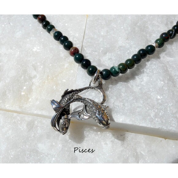 Sterling Silver Pisces Fish Bloodstone Beaded Pendant Necklace Pentagram - Picture 6 of 9